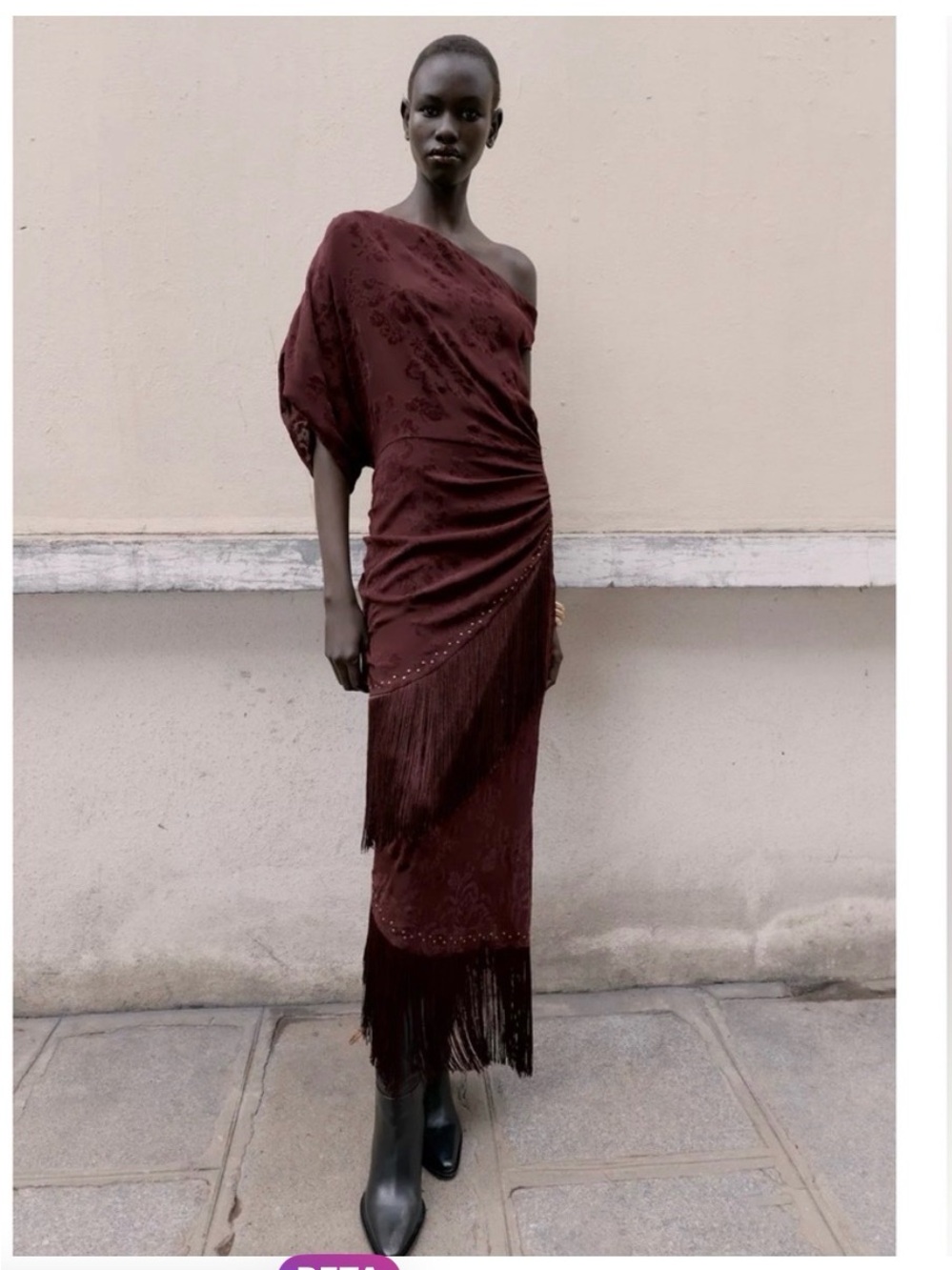 NWT ZARA One-Shoulder Fringe Midi Dress in Deep Burgundy